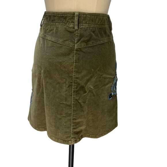 Nine & Co. Olive Corduroy Embroidered Floral A-Line Mini Skirt With Studs Y2K - Picture 4 of 14